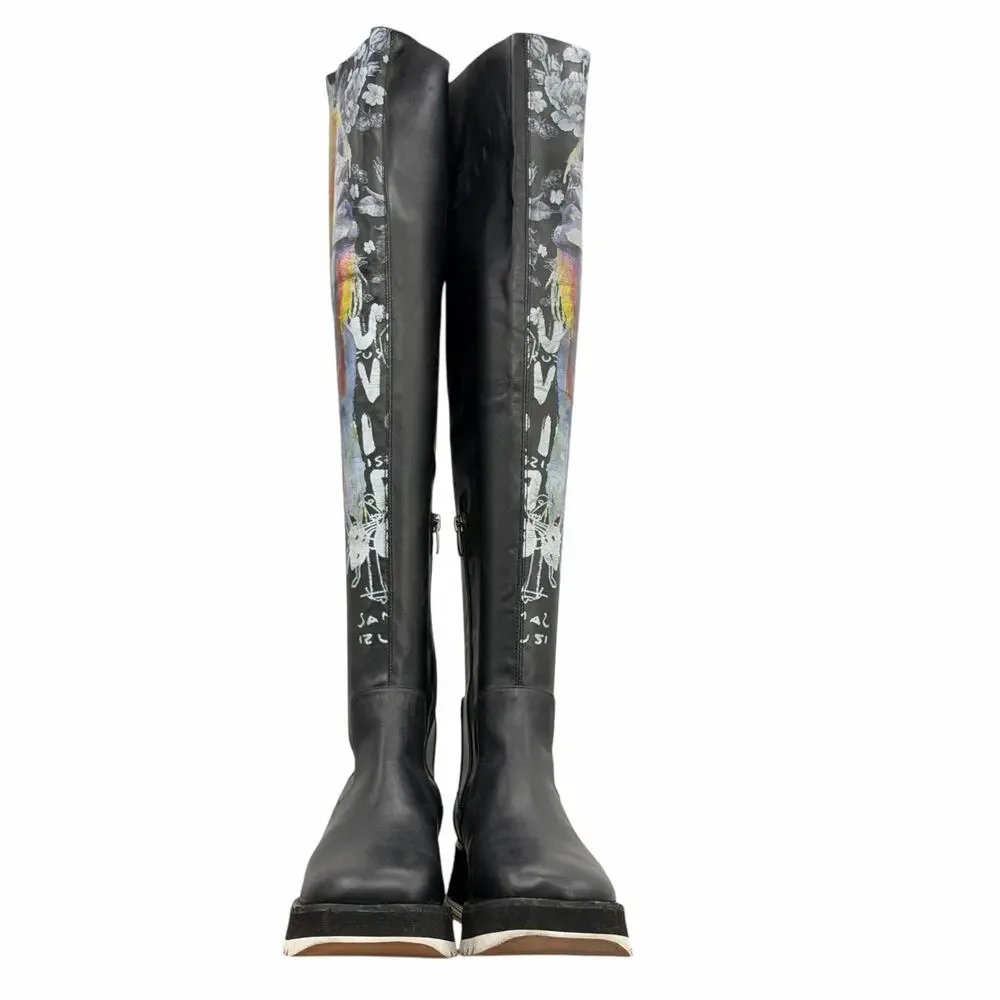 Roksolana Graphic Knee High Boots 40 Women Black Art to Wear Designer Punk Rock